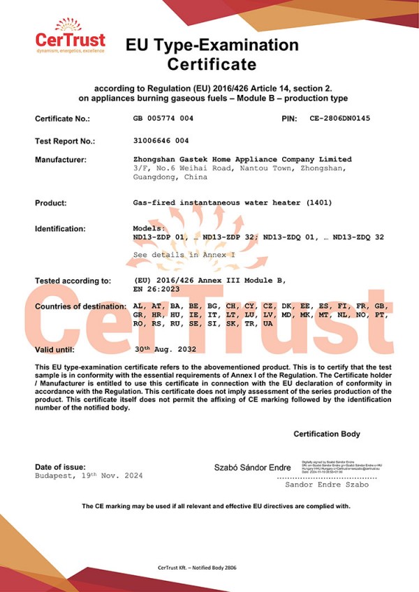 CE Certified Gas Water Heaters | Gastek